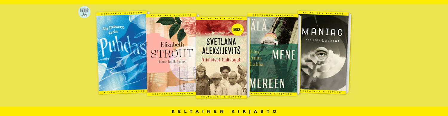 Viisi Keltaisen kirjaston kirjaa esillä keltaisella taustalla: Puhdas, Maniac, Älä mene mereen, Haluan kuulla kaiken ja Viimeiset todistajat. Kuvan alareunassa teksti ”Keltainen kirjasto”.