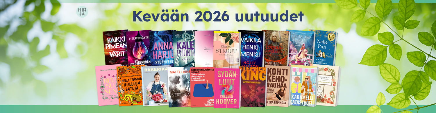 Vihreänsävyinen kuva, jossa vihreitä lehtiä ja kaksi riviä kirjoja. Kirjojen päällä tekstissä lukee: kevään 2026 uutuudet.