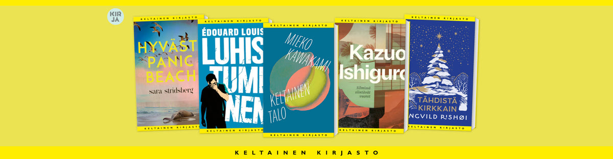 Viisi Keltainen kirjasto -sarjan kirjaa keltaisella taustalla: Sara Stridsbergin Hyvästi Panic Beach, Édouard Louis’n Luhistuminen, Mieko Kawakamin Keltainen talo, Kazuo Ishiguron Silmissä siintävät vuoret ja Ngũgĩ wa Thiong’on Tähdistä kirkkain. Kuvan alareunassa lukee ”Keltainen kirjasto”.
