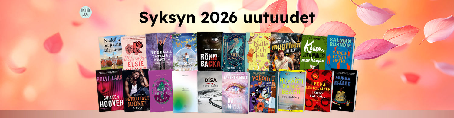 Grafiikka, jossa lukee “Syksyn 2026 uutuudet”. Taustalla on vaalean oranssi–vaaleanpunainen liukuväri ja ilmassa leijuvia syksyn lehtiä. Alareunassa on esillä useita eri kirjojen kansia riveissä. Vasemmassa yläkulmassa on Kirja.fi-logo.