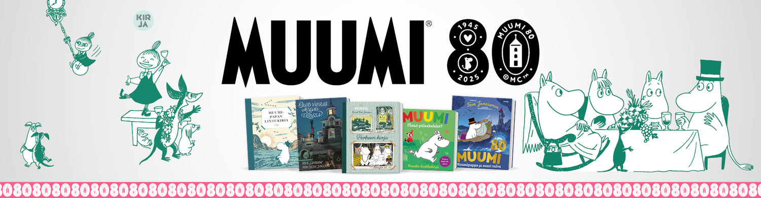 Muumi 80-vuotta. Kuvassa Muumi-kirjoja ja Muumi-hahmoja. 