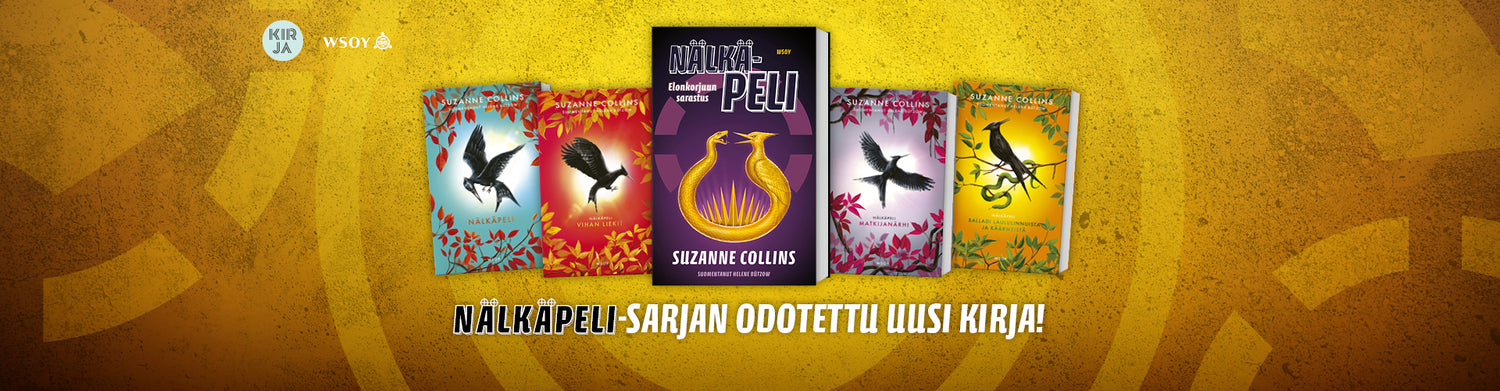 Suzanne Collinsin Nälkäpeli-sarjan kirjat. Keskellä uusi kirja Nälkäpeli: Elonkorjuun salaisuus.