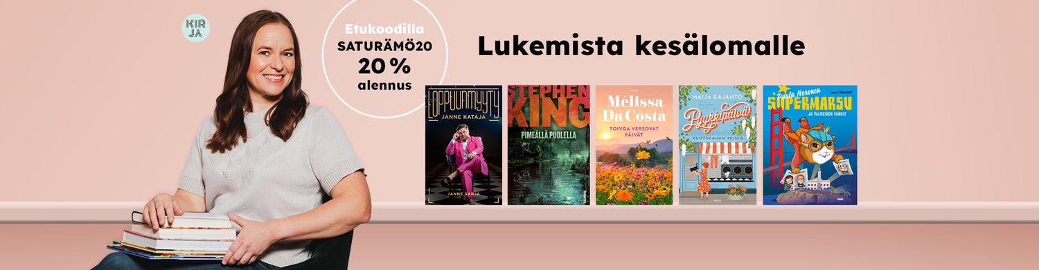Satu Rämön kirjavinkit kesälomalle. Kirjat Loppuunmyyty, Pimeällä puolella, Toivoa versovat päivät, Pyykkipäivä ja Supermarus ja valheiden vangit.