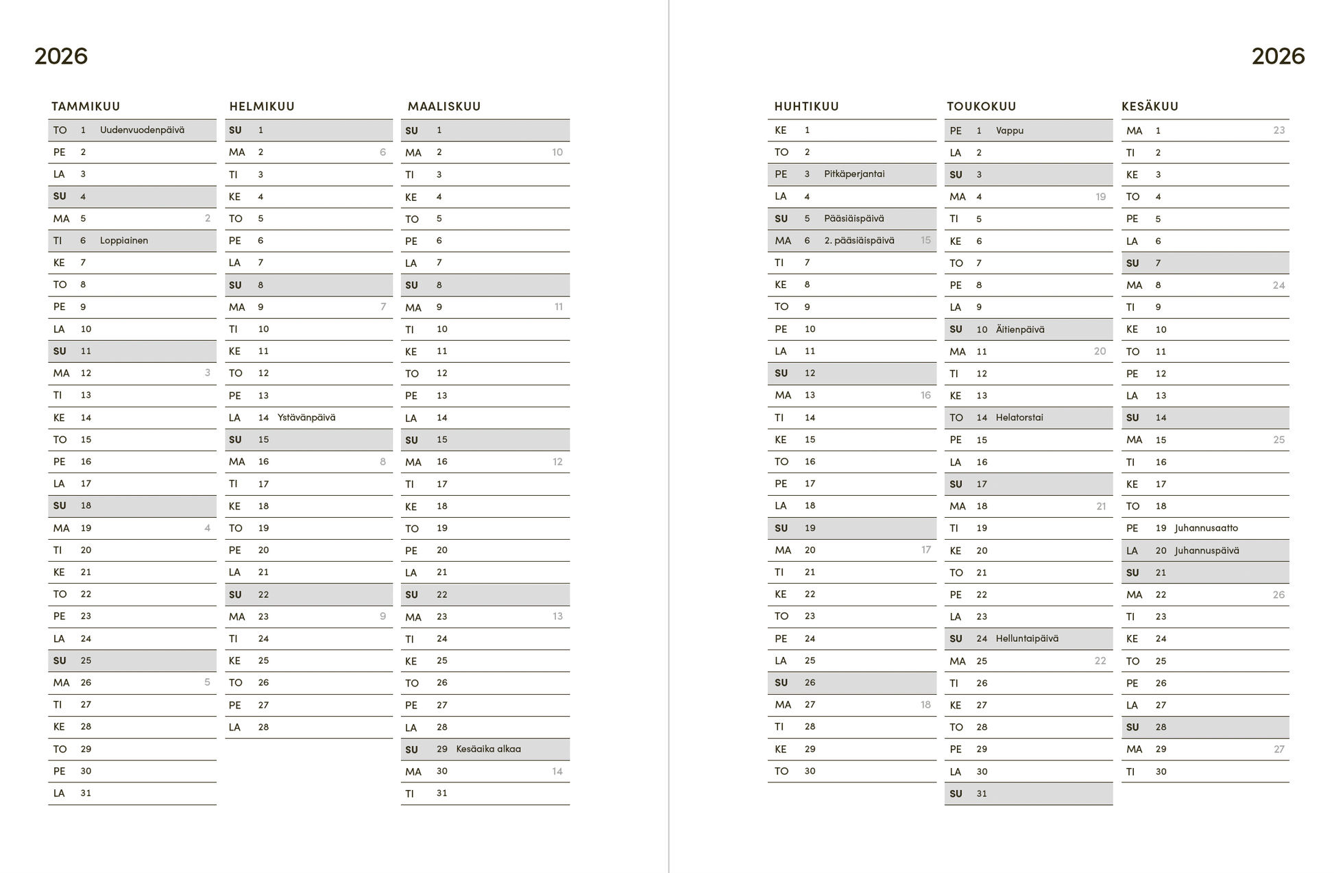 Sitan kalenteri 2026 sisäaukeama