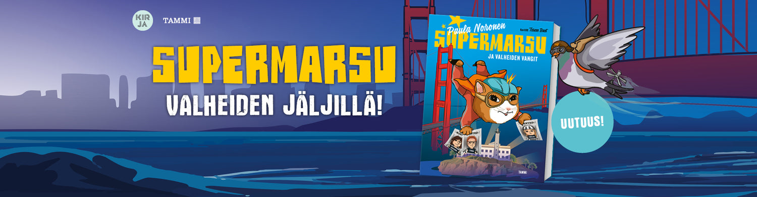 Supermarsu ja valheiden vangit kirja. Kuvassa silta ja lintu. 