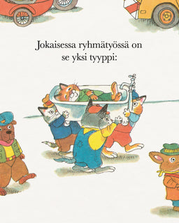 Richard Scarryn Touhula kirjasta amma, jota kantaa kolme kissahahmoa.