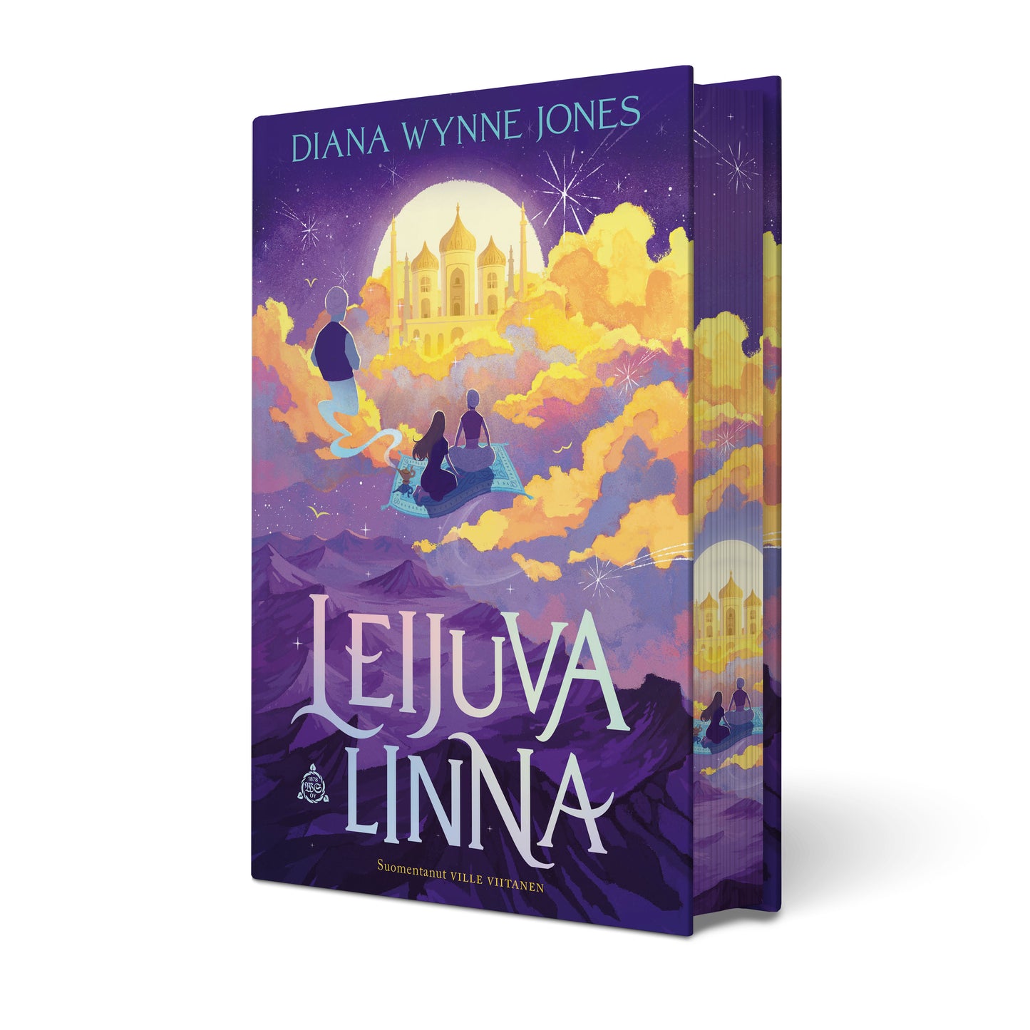 Violetinsävyinen Leijuva linna -kirja sivuvärjäyksillä.