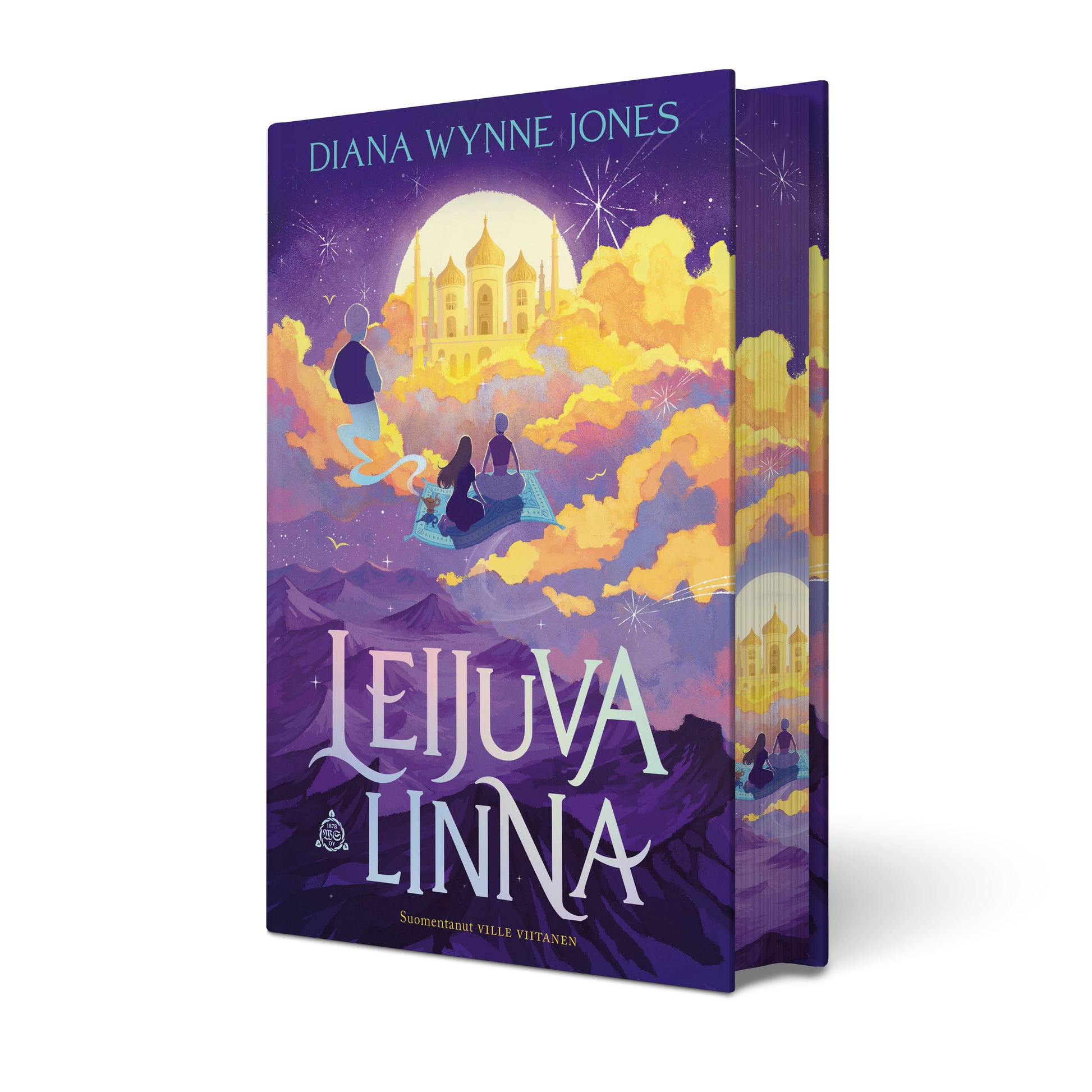 Violetinsävyinen Leijuva linna -kirja sivuvärjäyksillä.