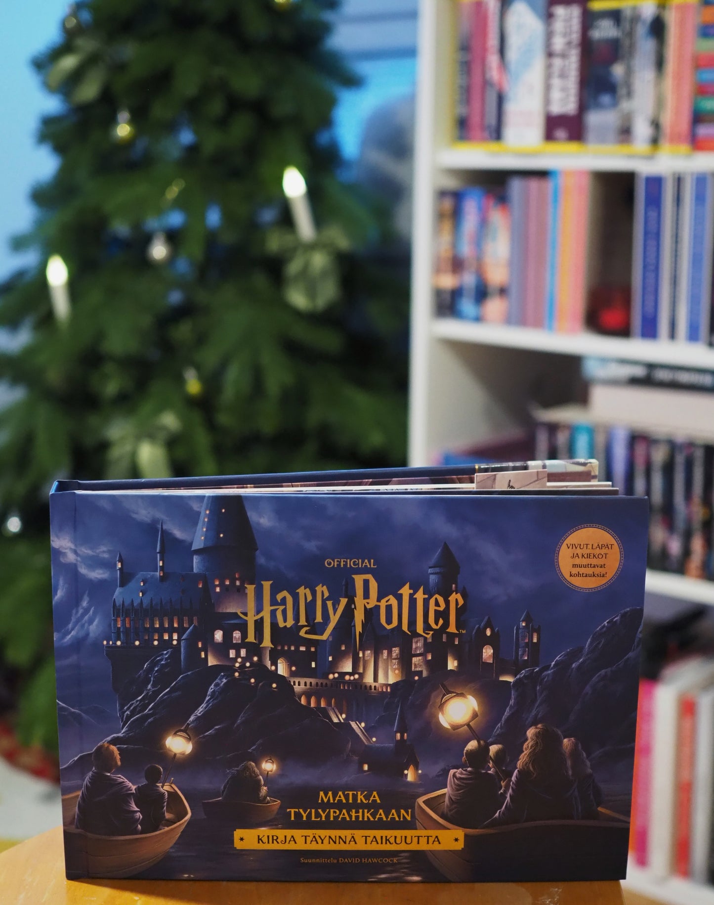 Har­ry Pot­ter - Mat­ka Ty­ly­pah­kaan -kirja, jonka taustalla näkyvät epätarkkoina joulukuusi ja kirjahylly.