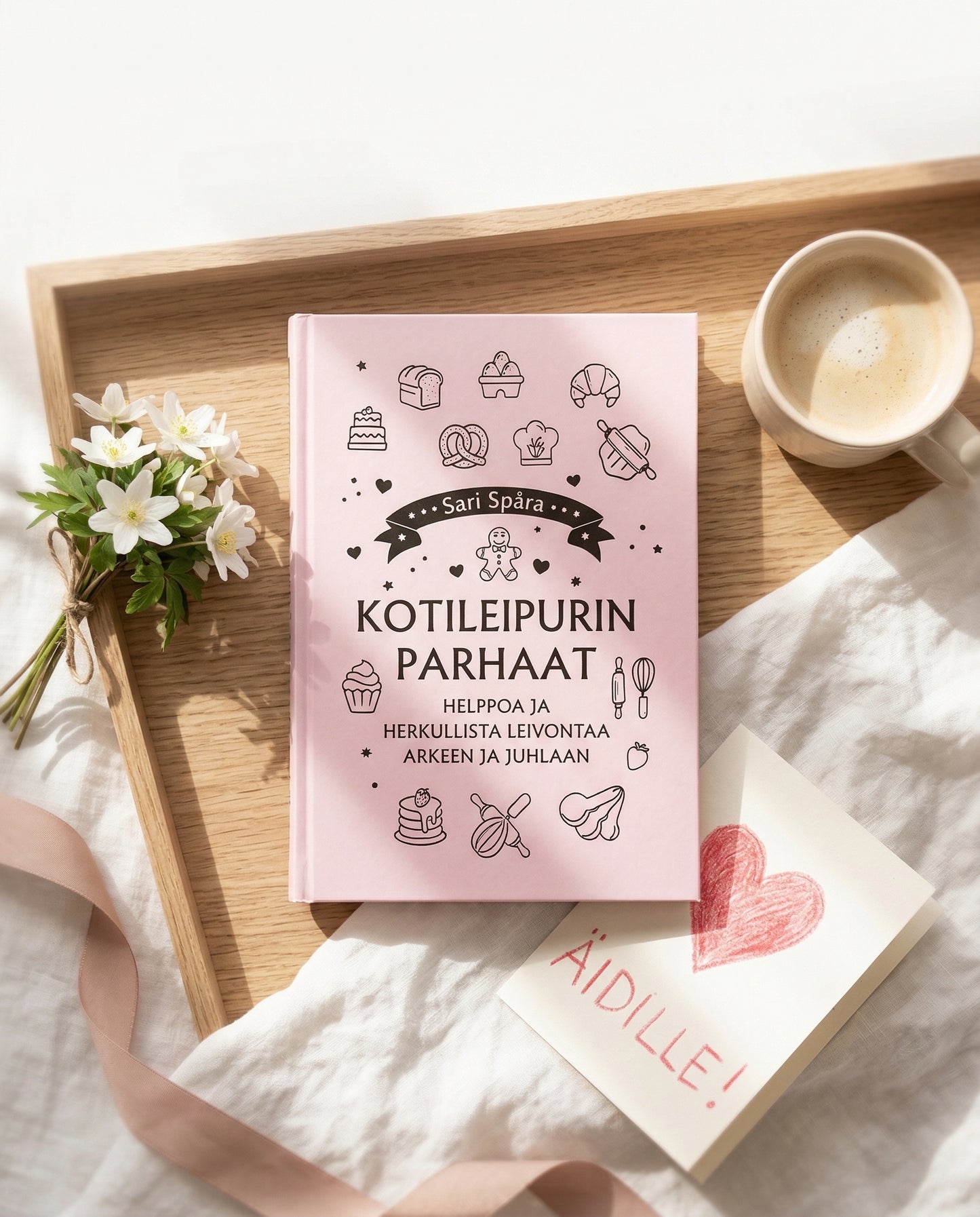 Tarjottimella on kirja Kotileipurin parhaat, tekijä Sari Spåra. Sen vieressä on valkoisia kukkia, kahvikuppi ja kortti, jossa on piirretty sydän ja teksti Äidille. Taustalla näkyy vaaleaa kangasta ja nauha.